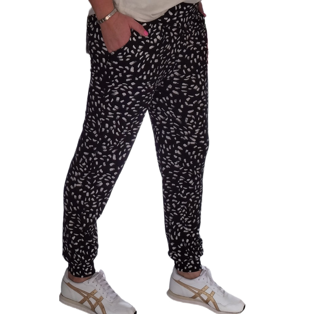 White Blotch Black Print Joggers